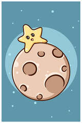 Cute and funny little star on moon animal cartoon illustration