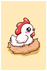 Cute and happy white hen cartoon illustration