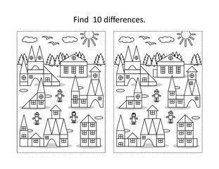 Toy town find the differences picture puzzle and coloring page
