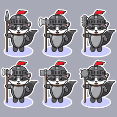 Vector illustration of cute Raccoon Knight with big weapon cartoon. Cute Raccoon expression character design bundle. Good for icon, logo, label, sticker, clipart.
