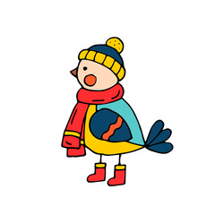 Tit bird in winter clothes: hat, scarf and boots. Vector. Hand-drawn illustration. Doodle.