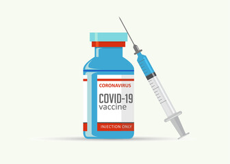 Covid-19 coronavirus vaccine. Syringe and vaccine vial flat icons. Covid-19 corona virus vaccination with vaccine bottle and syringe injection tool.
