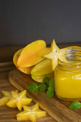 energetic juice of carambola or star averrhoa, carambolera, torombolo, chiramelo, miramelo, Chinese fruit, Chinese tamarind, coolie tamarind or starambolo. Provides vitamin C and A.