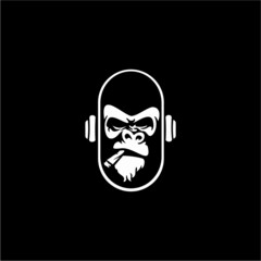 Gorilla head in monochrome style in headphones Vector illustration