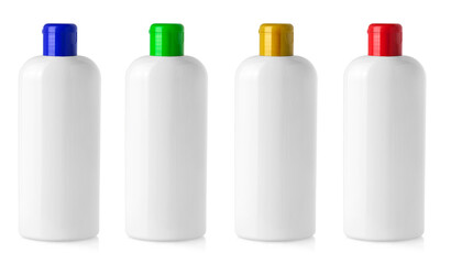 White blank plastic bottles isolated on white background. Close up