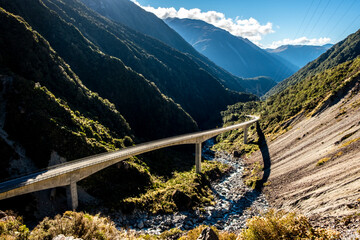 Bridge across mountain valley. South Island, New Zealand.