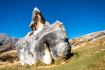 Rock formation in the middle of alpine grassland. South Island, New Zealand.