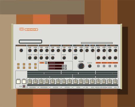 Realistic vector of rhythm computer. Image of analog audio equipment. The legendary synthesizer. Materials for DJs and music posters. Vintage technique.