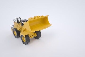 3D model of a yellow tractor. Machine for construction work. Graphics, 3d model. Isolated tractor on a white background. Tractor with the bucket raised up.