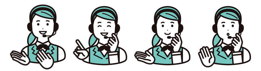 表情バリエーションのセット　コールセンター、オペレーターの女性	