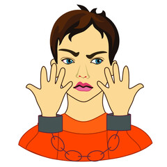 Handcuffed man that is showing his hands, arrested female criminal suspect about to go to jail, ashamed guy under custody in handcuffs, simple colored emoticon, primitive vector art