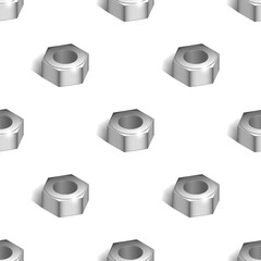 Seamless pattern. Staggered steel screw-nuts with shadows and bright radiant glare on a white background