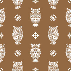 Simple owl seamless pattern in boho style. Good for clothing and textiles. Vector illustration.