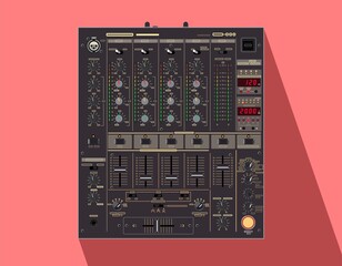 Realistic vector DJ mixer.  Image for application on a smartphone case. Nightlife theme. Illustration for t-shirts. Legendary DJM model of musical equipment. Popular equipment for electronic music.