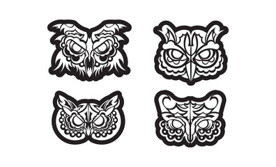 Set of owl face in boho style. Good for clothing and textiles. Vector illustration.