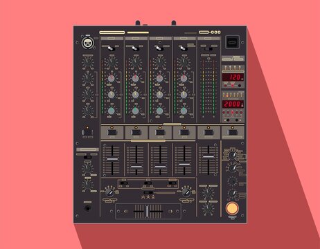 Realistic vector DJ mixer.  Image for application on a smartphone case. Nightlife theme. Illustration for t-shirts. Legendary DJM model of musical equipment. Popular equipment for electronic music.