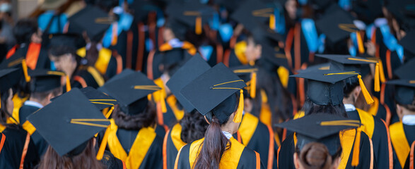 Rear view of graduated student in academic gown At the graduation ceremony at the university