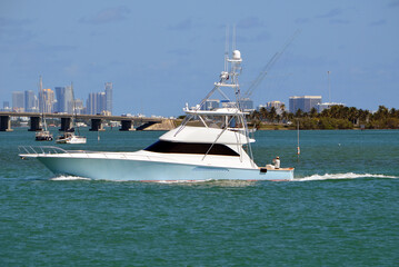 Fototapeta na wymiar Blue and white high-end sport fishing boat