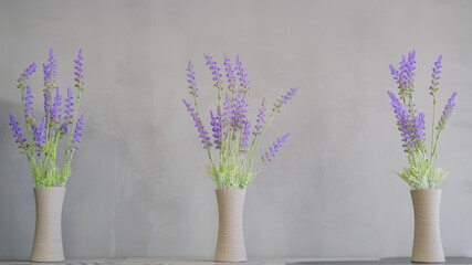 behind a gray background, in front there are three vases with lavada branches