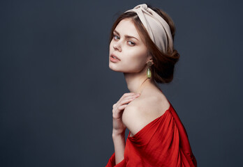 Fototapeta premium Elegant woman red dress luxury glamor decoration attractive look