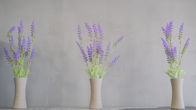 behind a gray background, in front there are three vases with lavada branches
