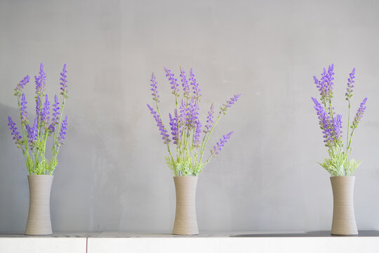 behind a gray background, in front there are three vases with lavada branches