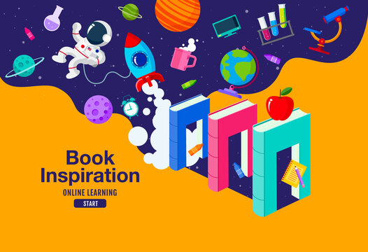 Book Inspiration, Online Learning, Study From Home, Back To School, Flat Design Vector.