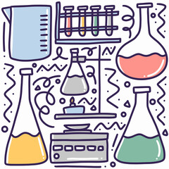 hand drawn lab equipment doodle set