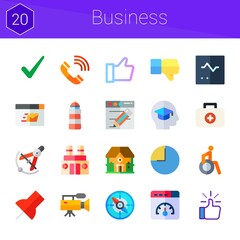 business icon set. 20 flat icons on theme business. collection of factory, education, lighthouse, like, web optimization, dislike, medical kit, video camera, monitor, check