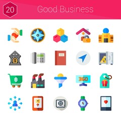 good business icon set. 20 flat icons on theme good business. collection of digital, safebox, smartphone, funnel, opportunity, industry, building, tablet, bank, navigation