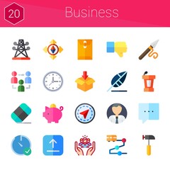 business icon set. 20 flat icons on theme business. collection of eraser, electric tower, conference, hammer, piggy bank, upload, dislike, destination, dossier, gps