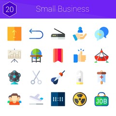 small business icon set. 20 flat icons on theme small business. collection of plane, ar camera, digital clock, radioactive, hiring, upload, like, scan, banner, team, scissors