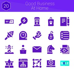 good business at home icon set. 20 filled icons on theme good business at home. collection of Sale, Blogger, Laptop, Reminder, Friends, Bag, Lighthouse, Ux design, Torch