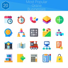 most popular online businesses icon set. 20 flat icons on theme most popular online businesses. collection of calendar, add, calculator, shop, railroad, hierarchical structure, document