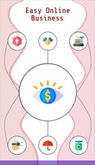 easy online business editable infographic template with icons of hand shake, upload, umbrella, cash register, augmented reality, scale, eyes