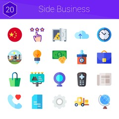 side business icon set. 20 flat icons on theme side business. collection of newspaper, settings, safebox, remote control, idea, forklift, rating, bag, clock, call, globe