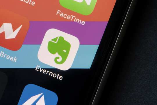 Portland, OR, USA - Mar 13, 2021: Evernote mobile app icon is seen on an iPhone. Evernote is an app designed for note taking, organizing, task management, and archiving.