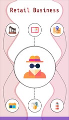 retail business editable infographic template with icons of calendar, oil, invisible man, lighthouse, postcard, map, point