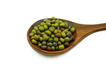 Mung bean (Vigna radiata) seeds in wooden spoon isolated on white background