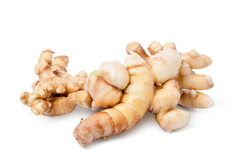 white turmeric root on white background.