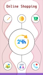 online shopping editable infographic template with icons of call, chat, advise, 24 hours, shopping cart, online, writer