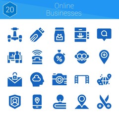 online businesses icon set. 20 filled icons on theme online businesses. collection of Social, Placeholder, Comment, Email, Thinking, Grid, Stopwatch, Presentation, Mobile