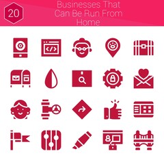 businesses that can be run from home icon set. 20 filled icons on theme businesses that can be run from home. collection of Placeholder, Chest, Html, Pipe, Direction, Flag