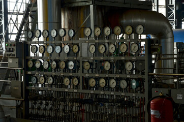 pressure gauges in turbine room of coal power plant (Krasnoyarsk Krai, Russia)
