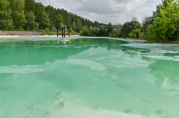 cyan-colored water in ash ponds near Nazarovo district power station (Krasnoyarsk Krai, Russia)