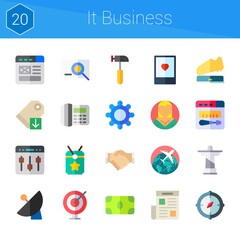 it business icon set. 20 flat icons on theme it business. collection of newspaper, digital, settings, repair, agreement, smartphone, christ the redeemer, hammer, satellite dish