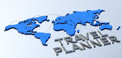 Metallic word travel planner with blue connecting world map. 3d illustration.