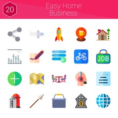 easy home business icon set. 20 flat icons on theme easy home business. collection of add, parking, basket, server, website, hiring, signature, chair, customer service, rocket