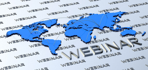Metallic word webinar with blue connecting world map. 3d illustration.