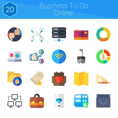 business to do online icon set. 20 flat icons on theme business to do online. collection of server, set square, wifi, data, like, briefcase, rating, bag, networking, pie chart